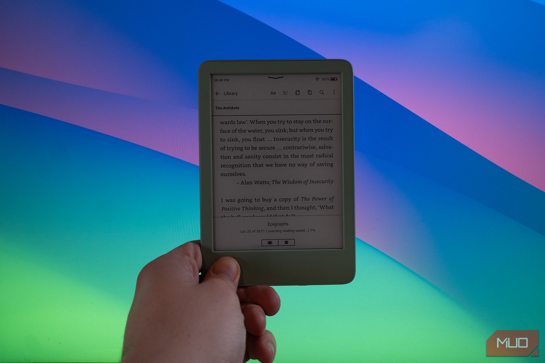 2024 Amazon Kindle at minimum brightness over lit background.