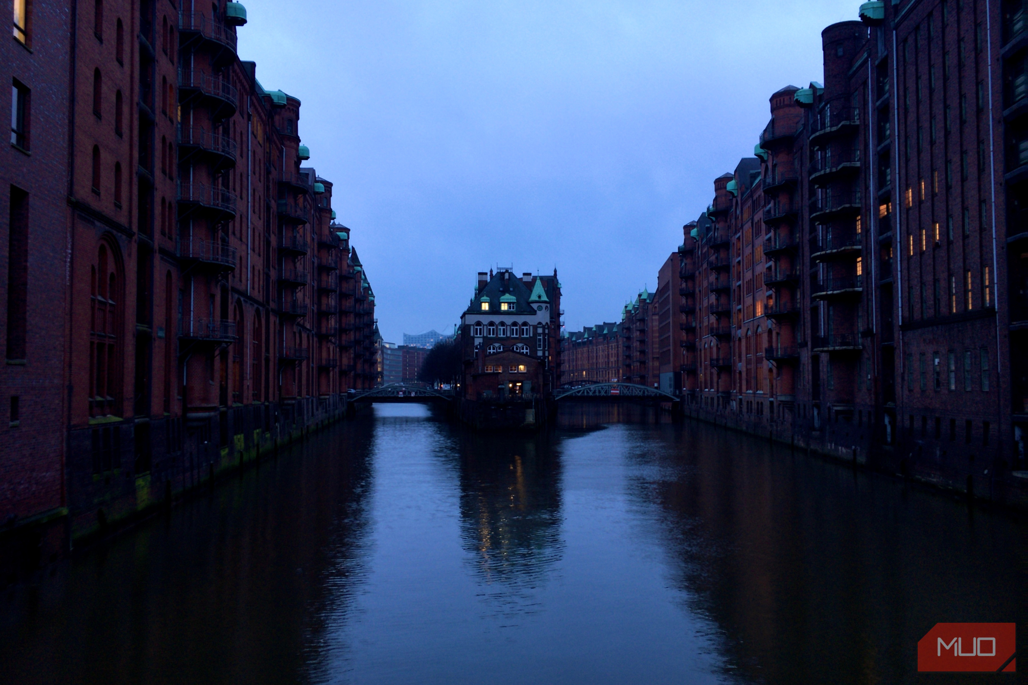 Reflections on a River in the Evening in a City