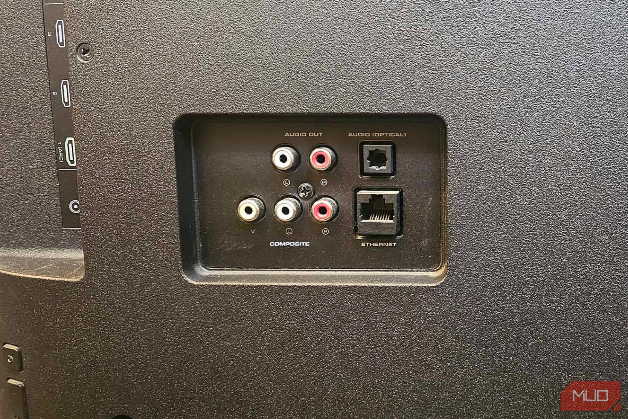 the back of a smart tv, revealing audio out, composite, optical, and ethernet ports