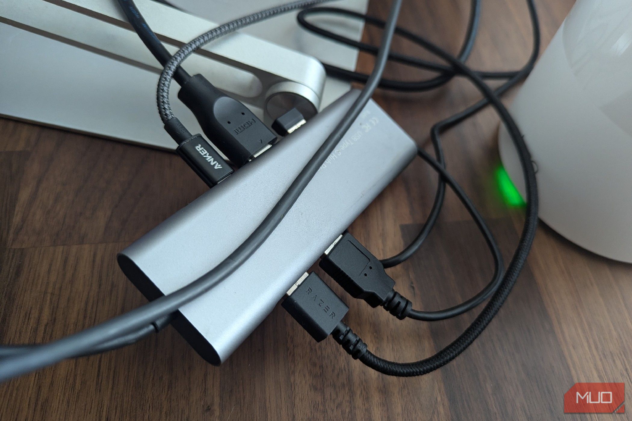 A USB-C dock packed with cables.