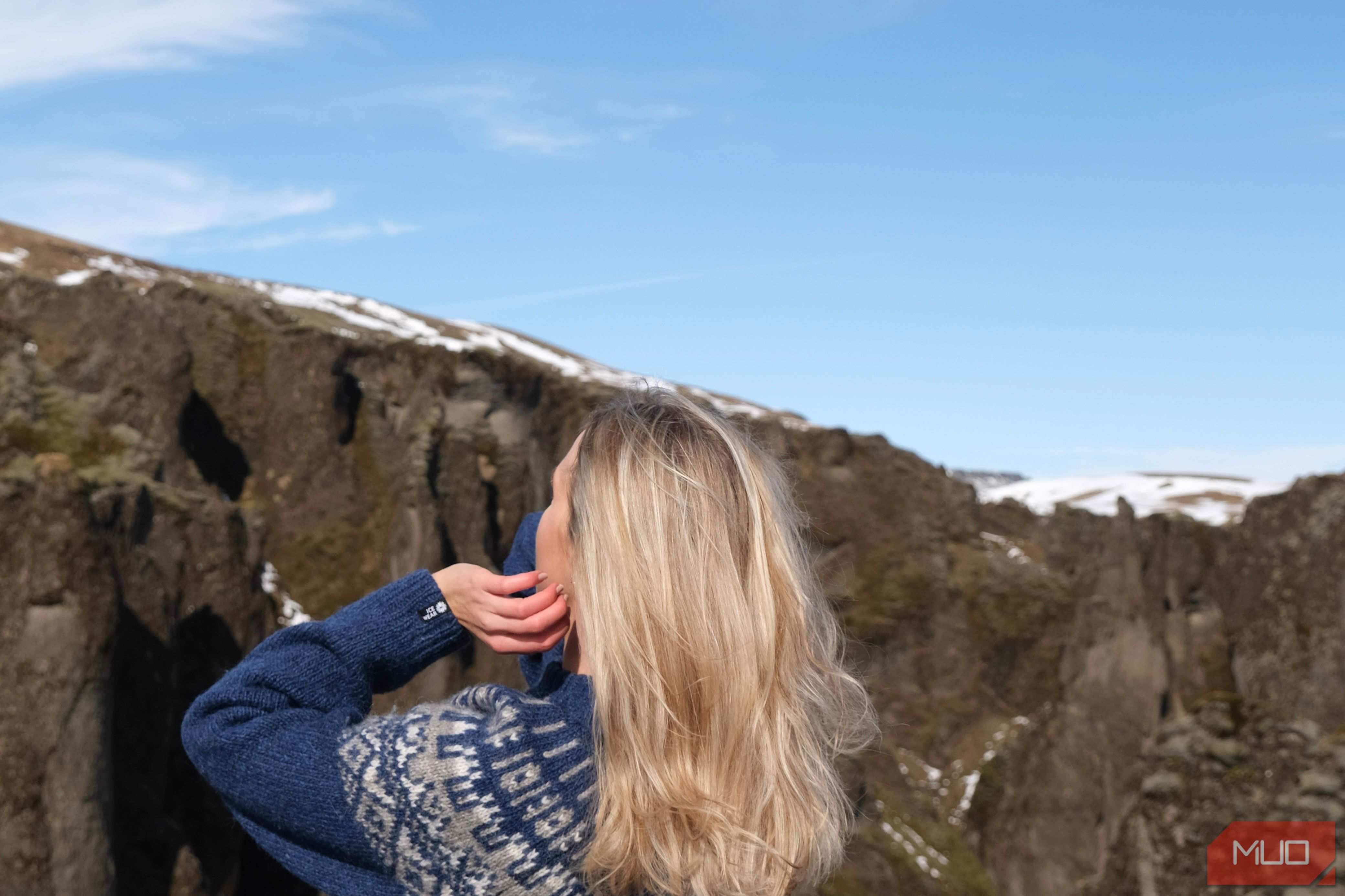 A photo of a portrait taken in a canyon