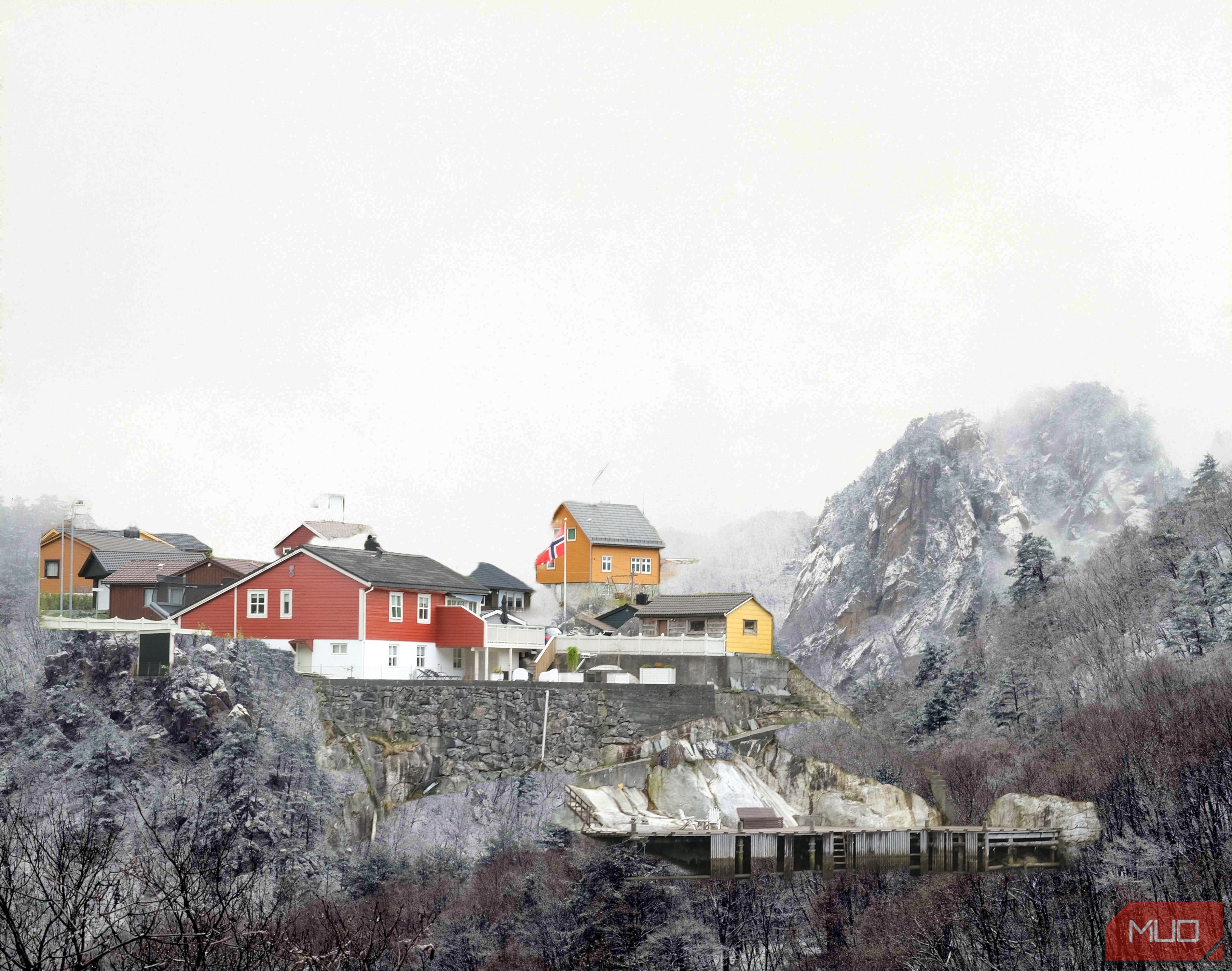 Houses in the mountains, as added with an AI background