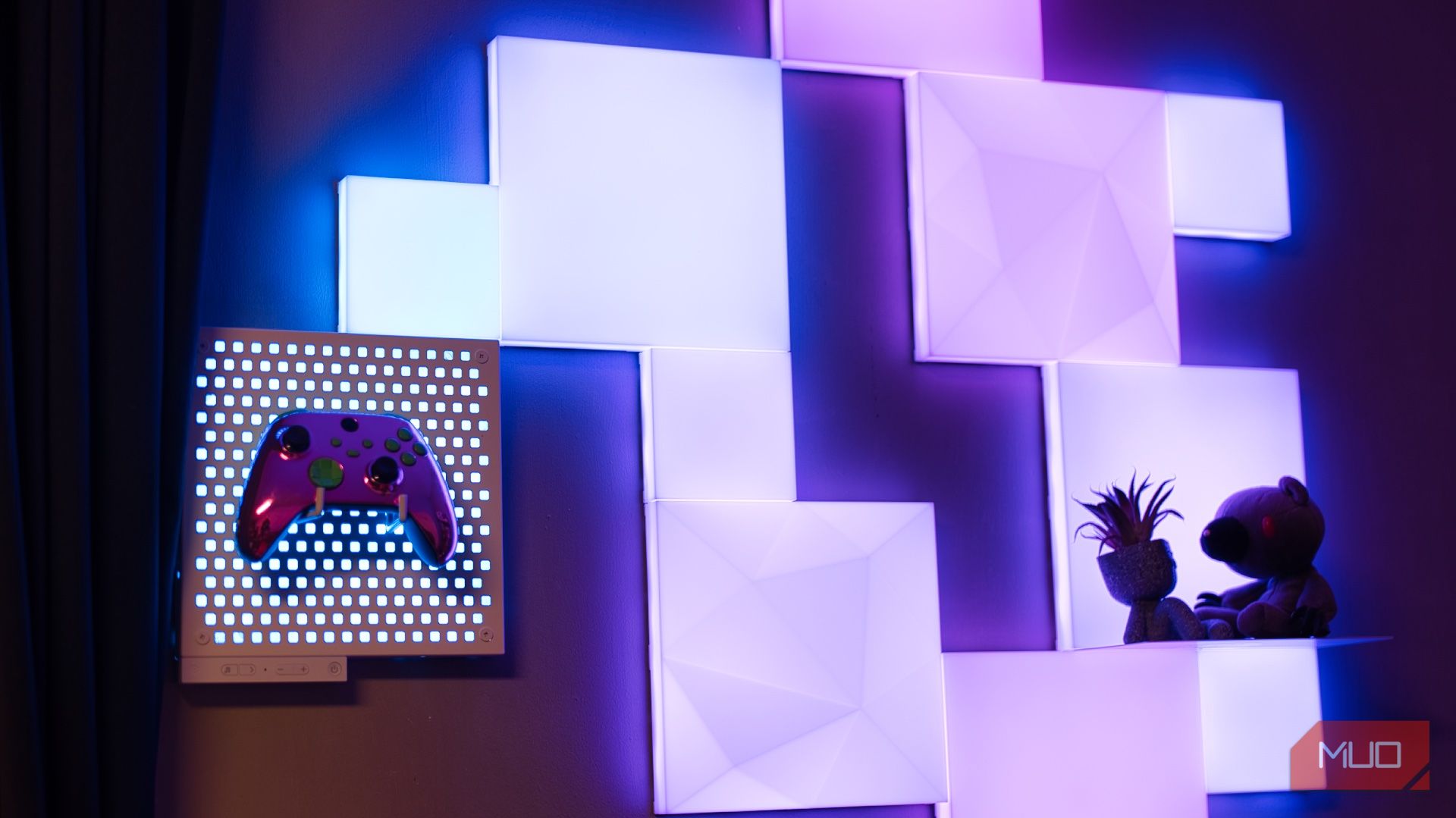 Nanoleaf Blocks review - featured image showing the Blocks on the wall and lit up