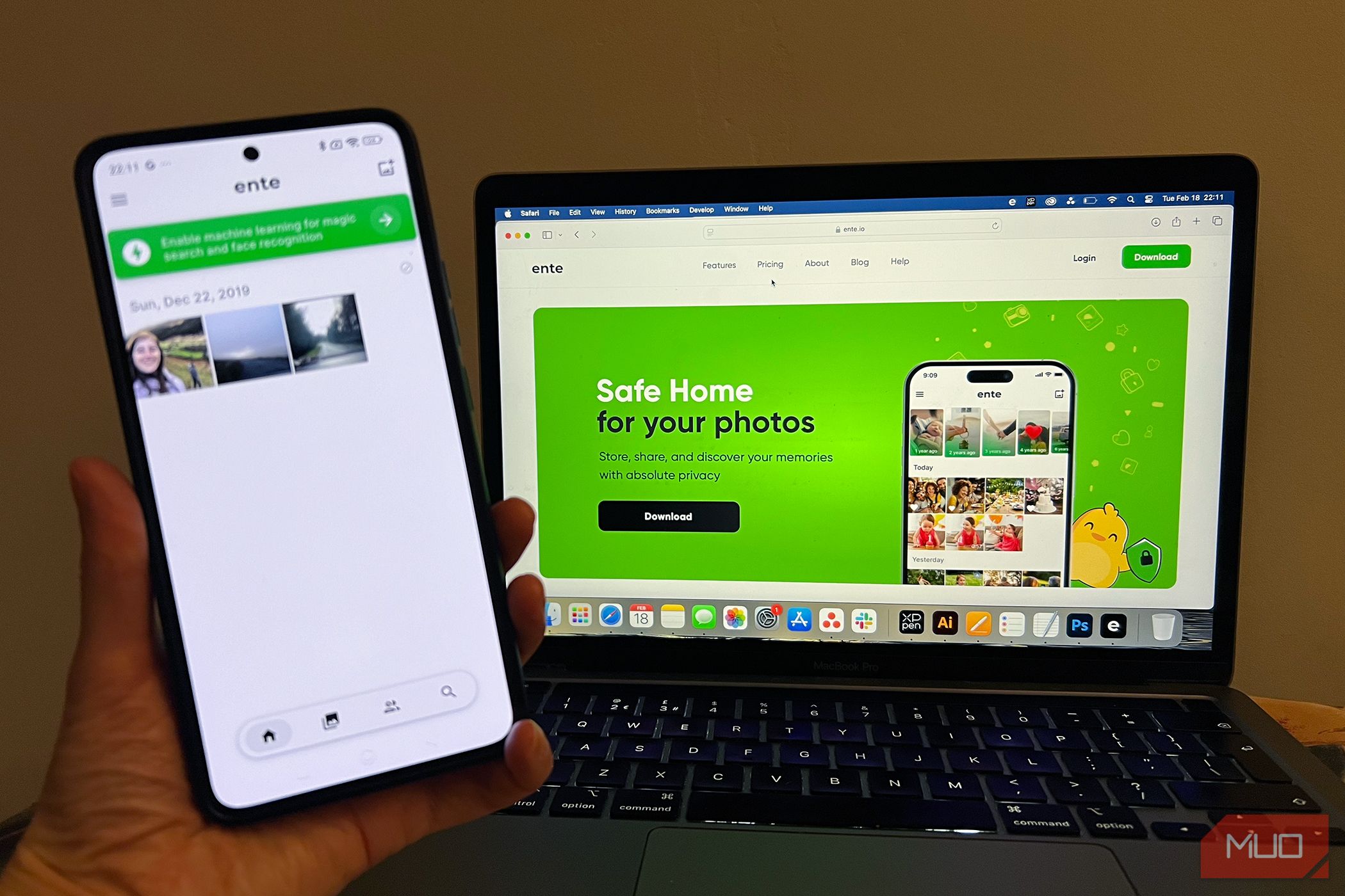 An Android phone and a MacBook Pro both with Ente Photos on their screens.