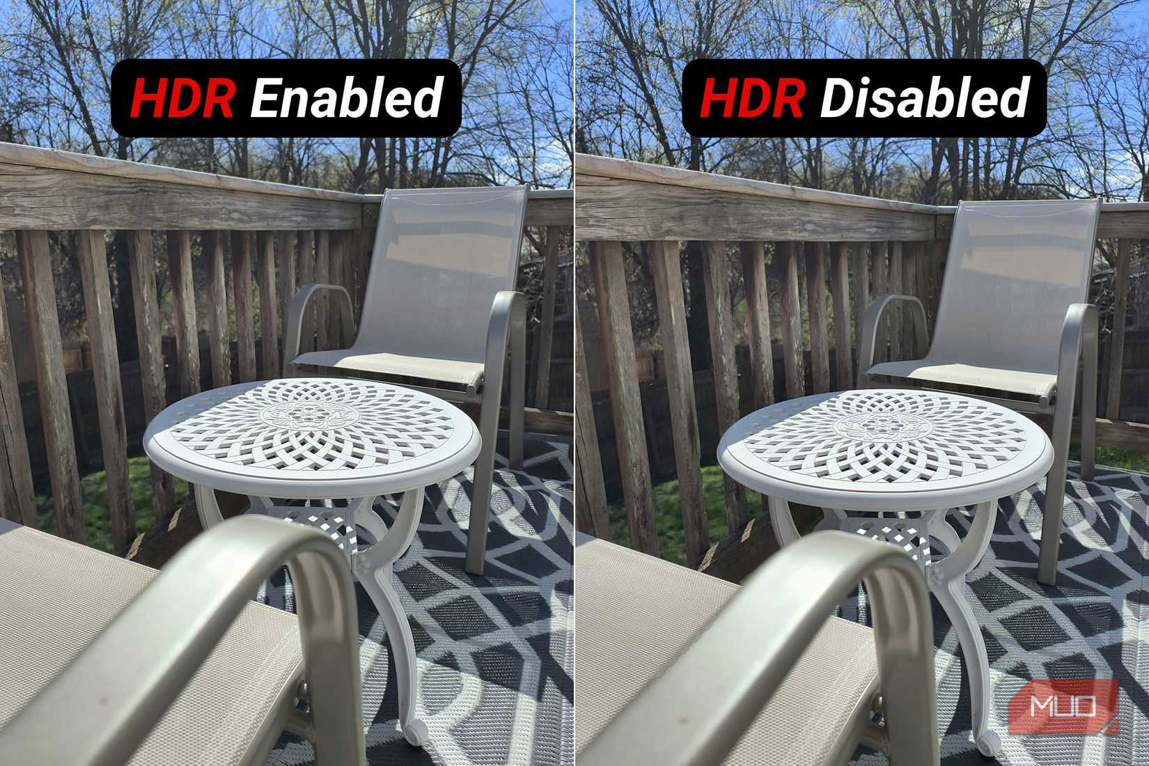 A split screen image showing the same photo with HDR enabled and disabled