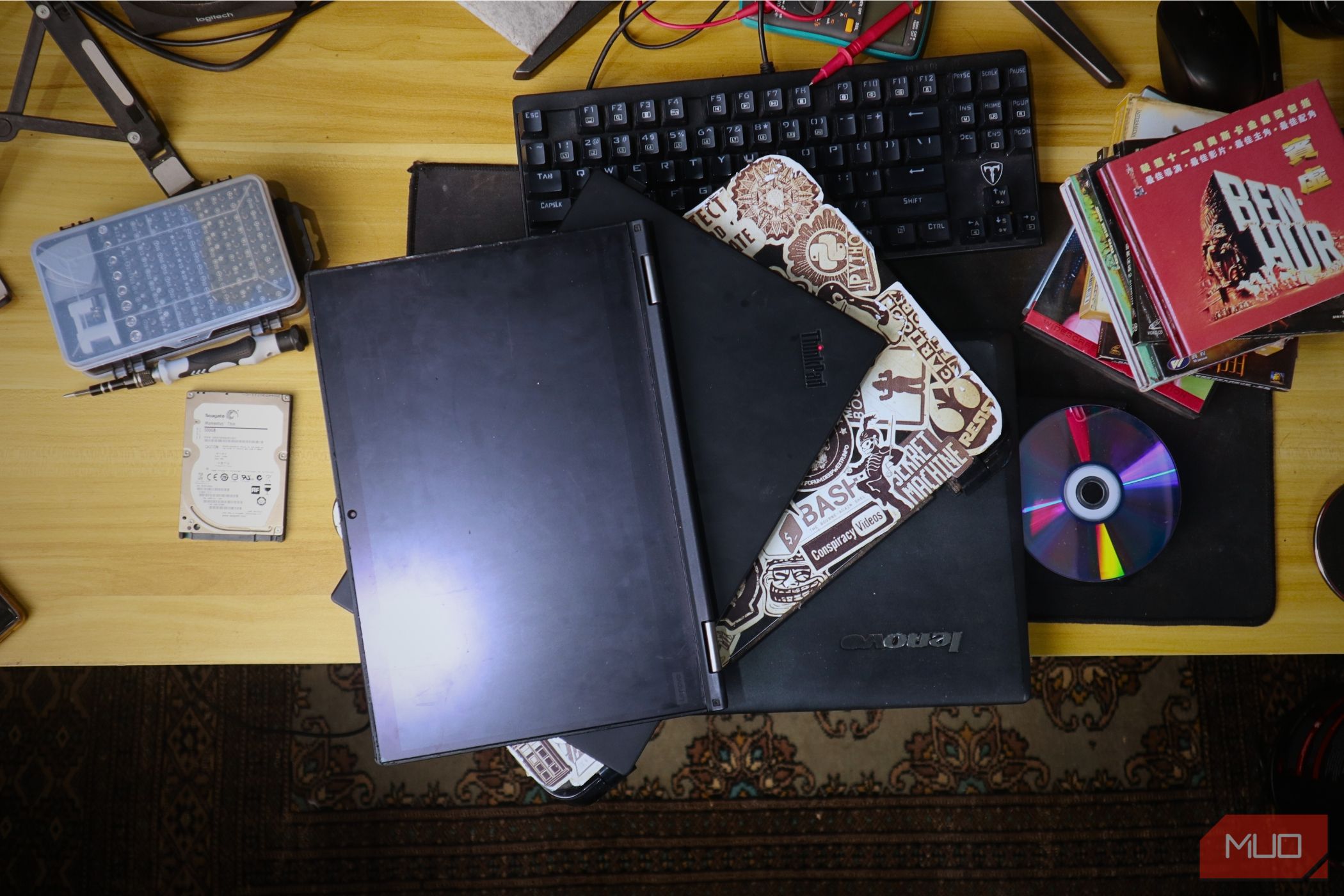 A stack of old laptops