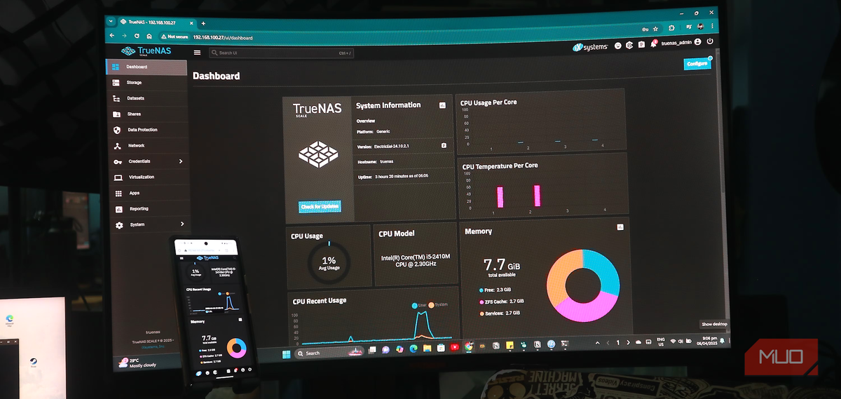 truenas running on old laptop attached to monitor.