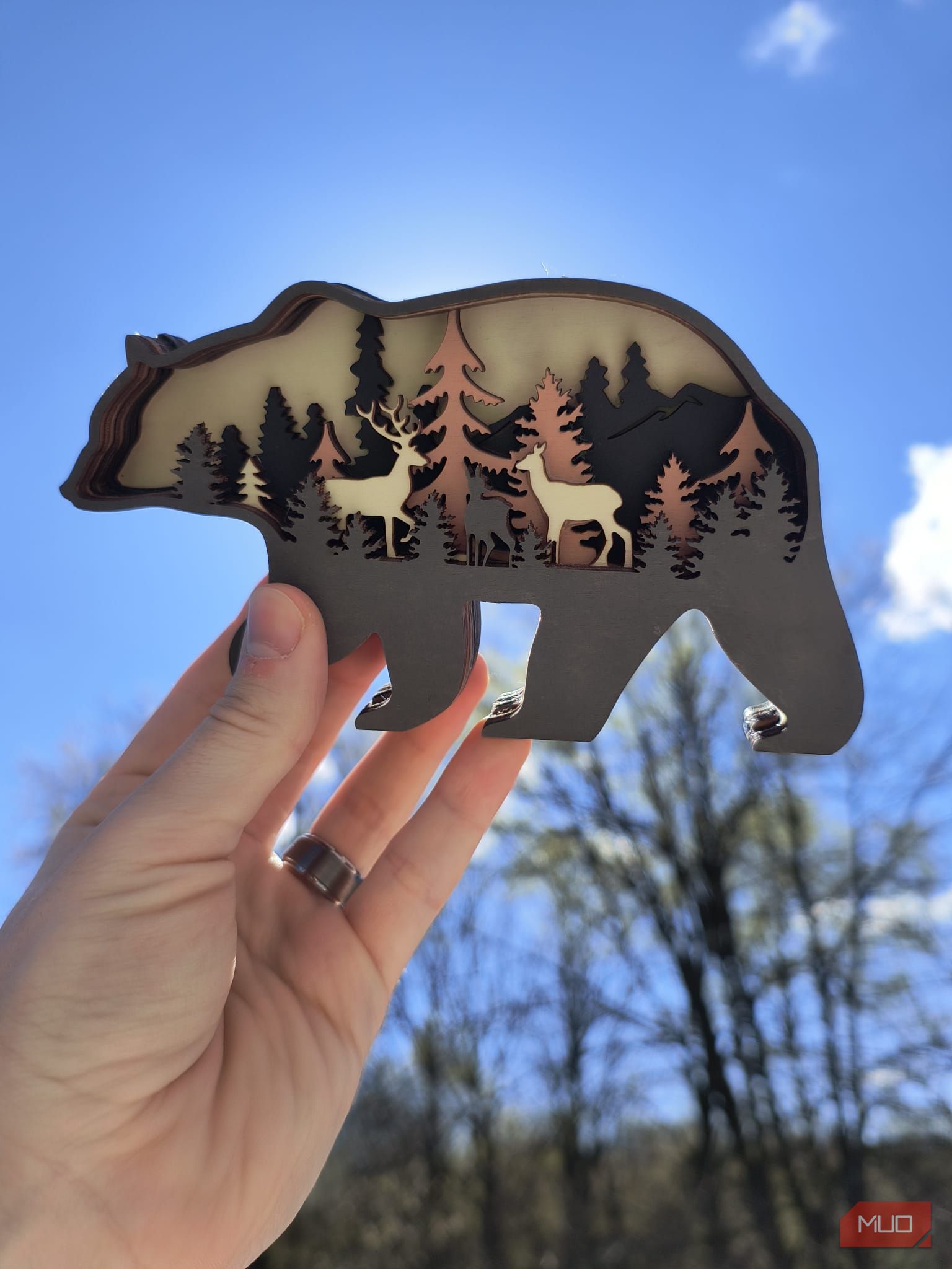 A bear decoration being held in front of the sun—HDR enabled