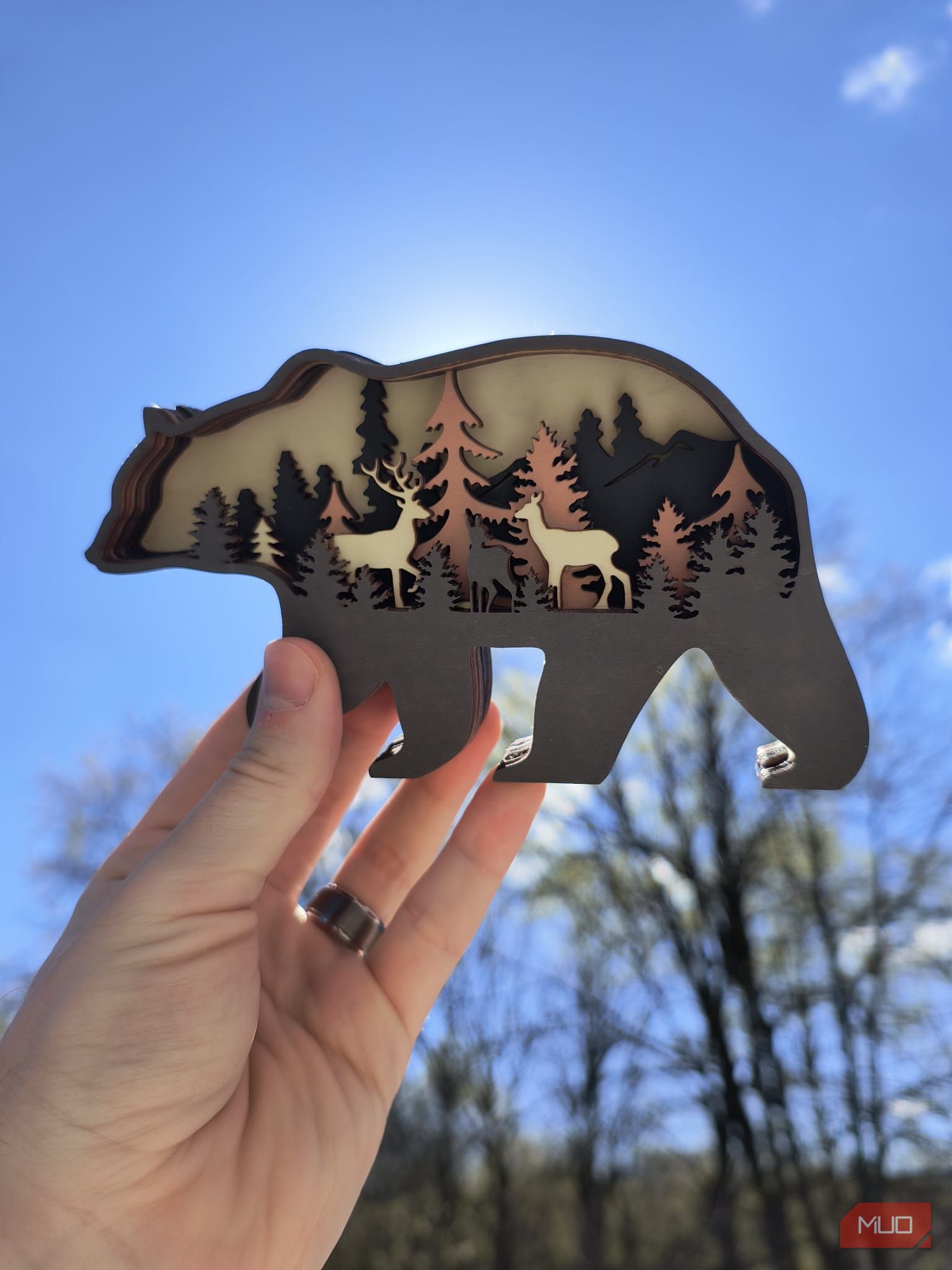A bear decoration being held in front of the sun—HDR disabled