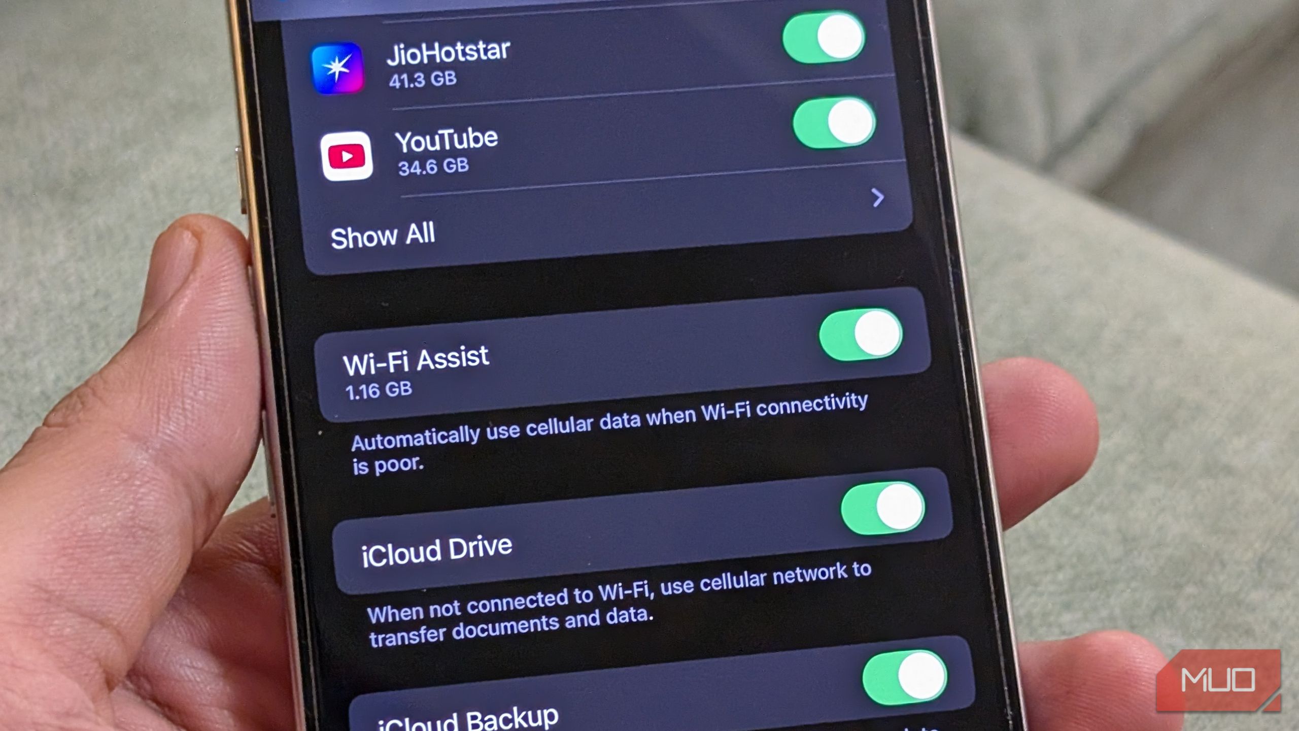 Wi-Fi assist settings on an iPhone