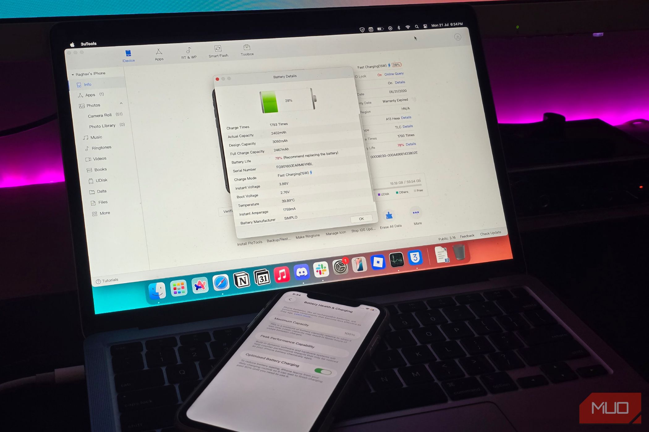 An iPhone connected to a MacBook with 3uTools open with the actual battery details of the iPhone