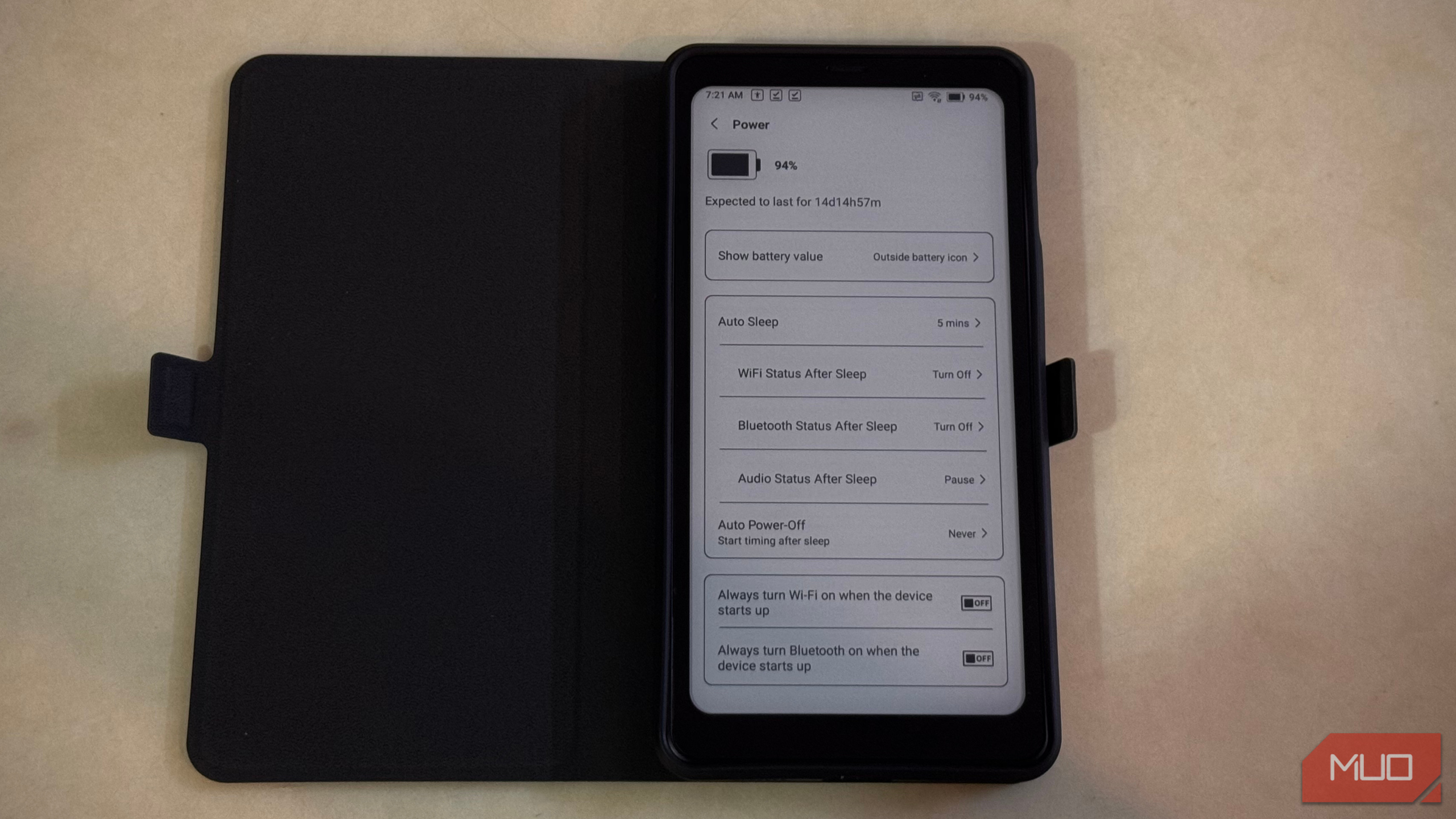 Boox Palma 2 on a table with its Power settings displayed 