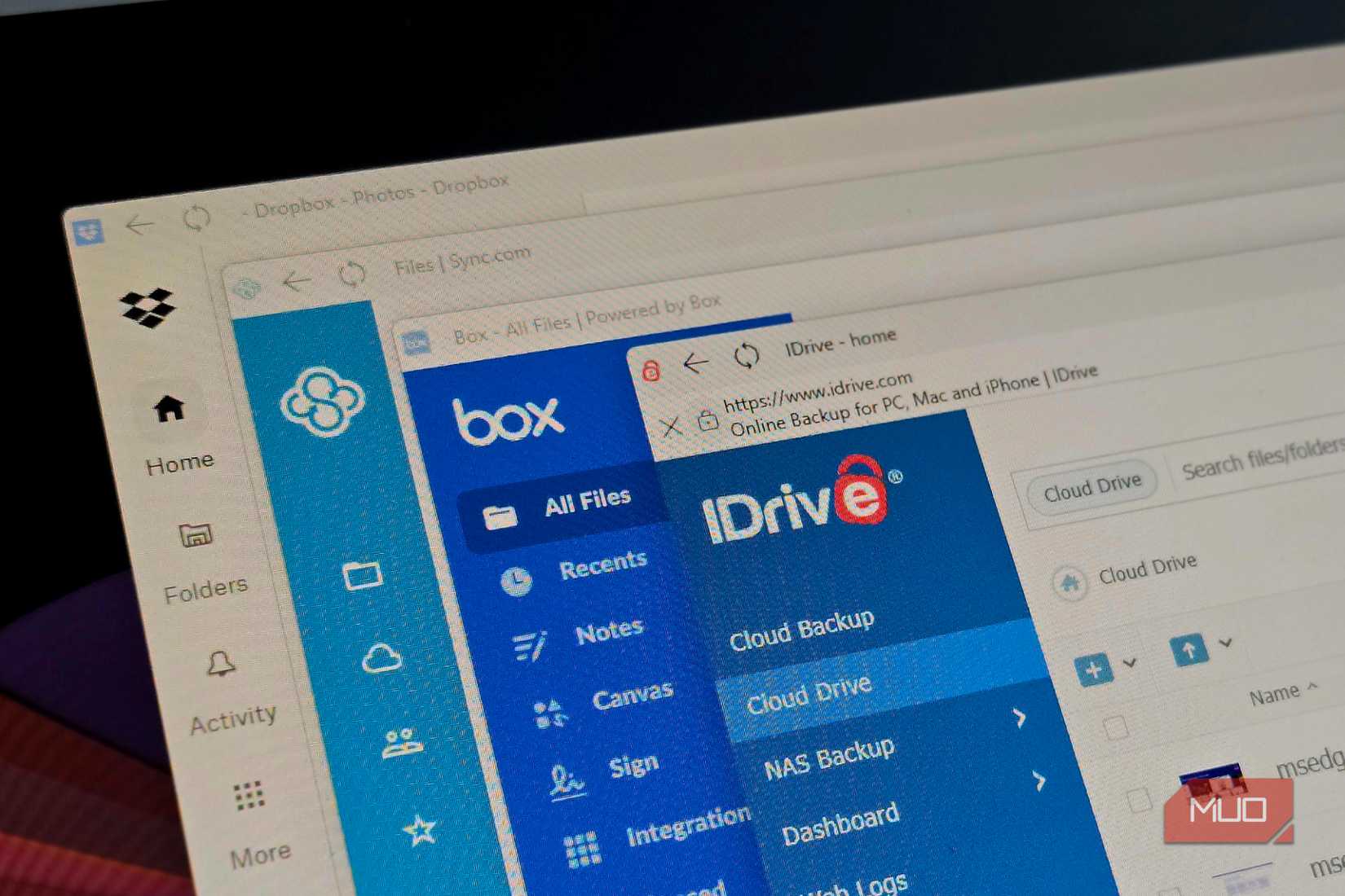 Dropbox, Box, iDrive, Sync-dot-com apps on a BENQ Monitor 