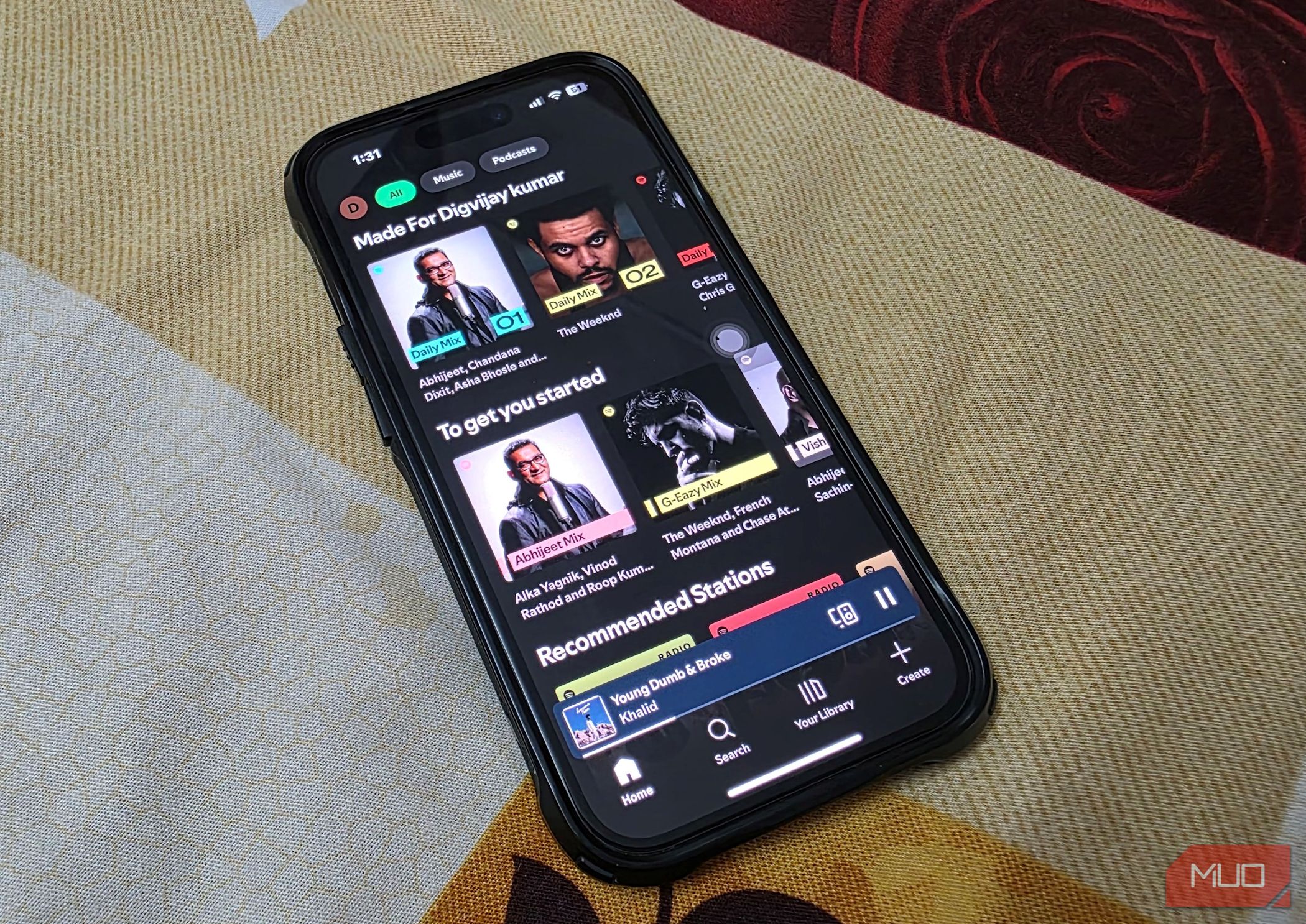 Spotify Homepage on an iPhone showing recommendations