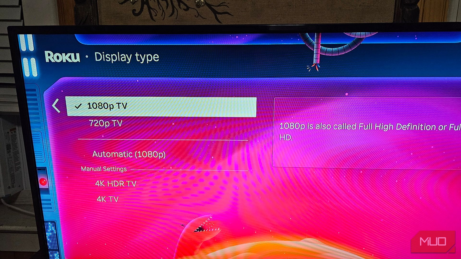 Setting the Display type to 1080p TV in Roku's Settings menu
