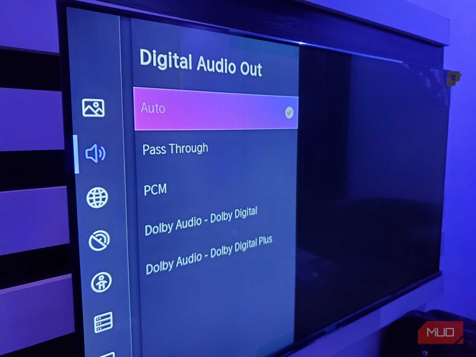 A TV screen displays a Digital Audio Out menu with various audio output options.