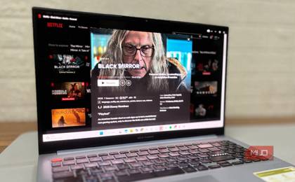 A Windows laptop is playing Black Mirror on Netflix