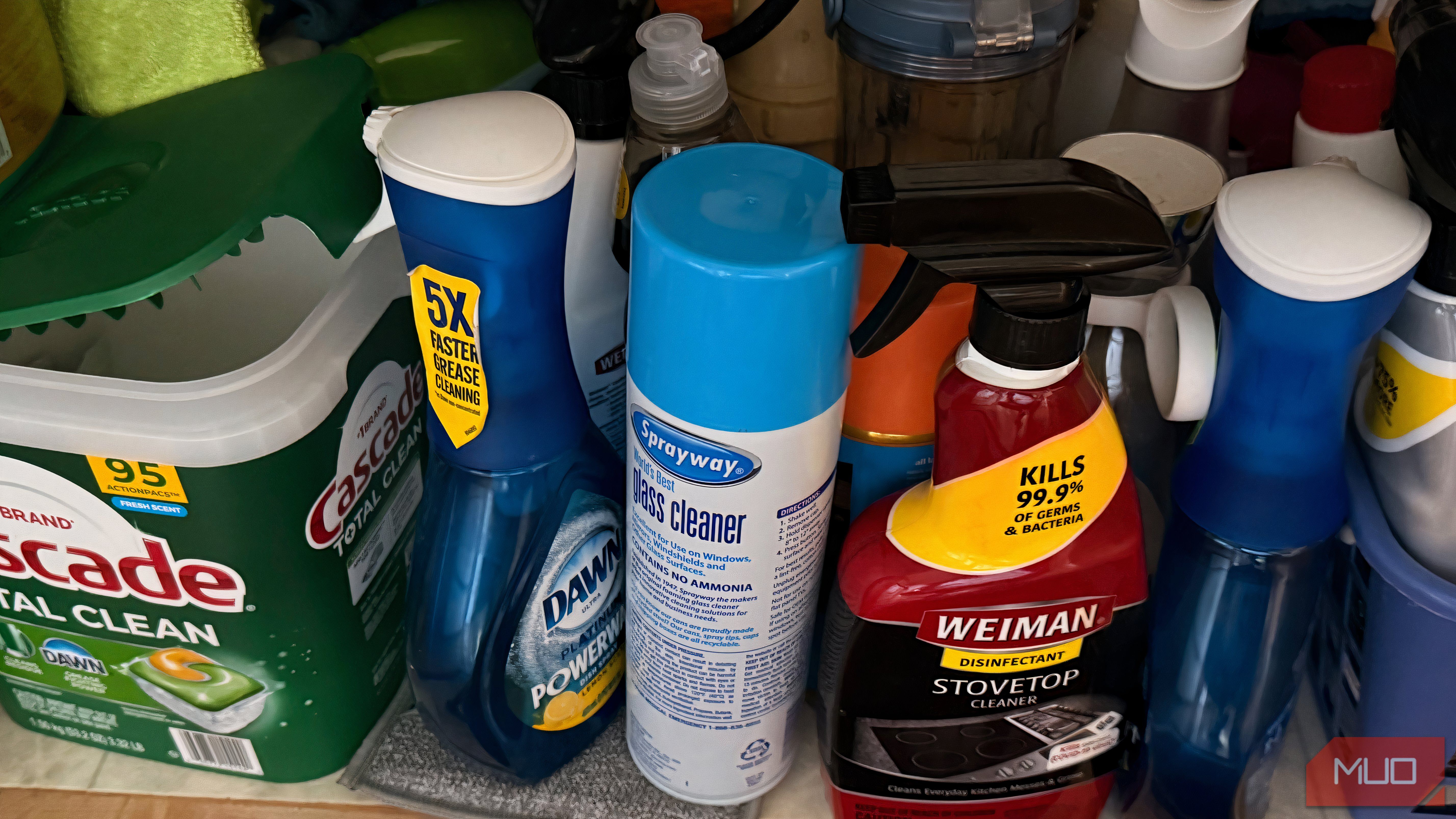 Chemicals and other objects stored in the cabinet under the sink. 