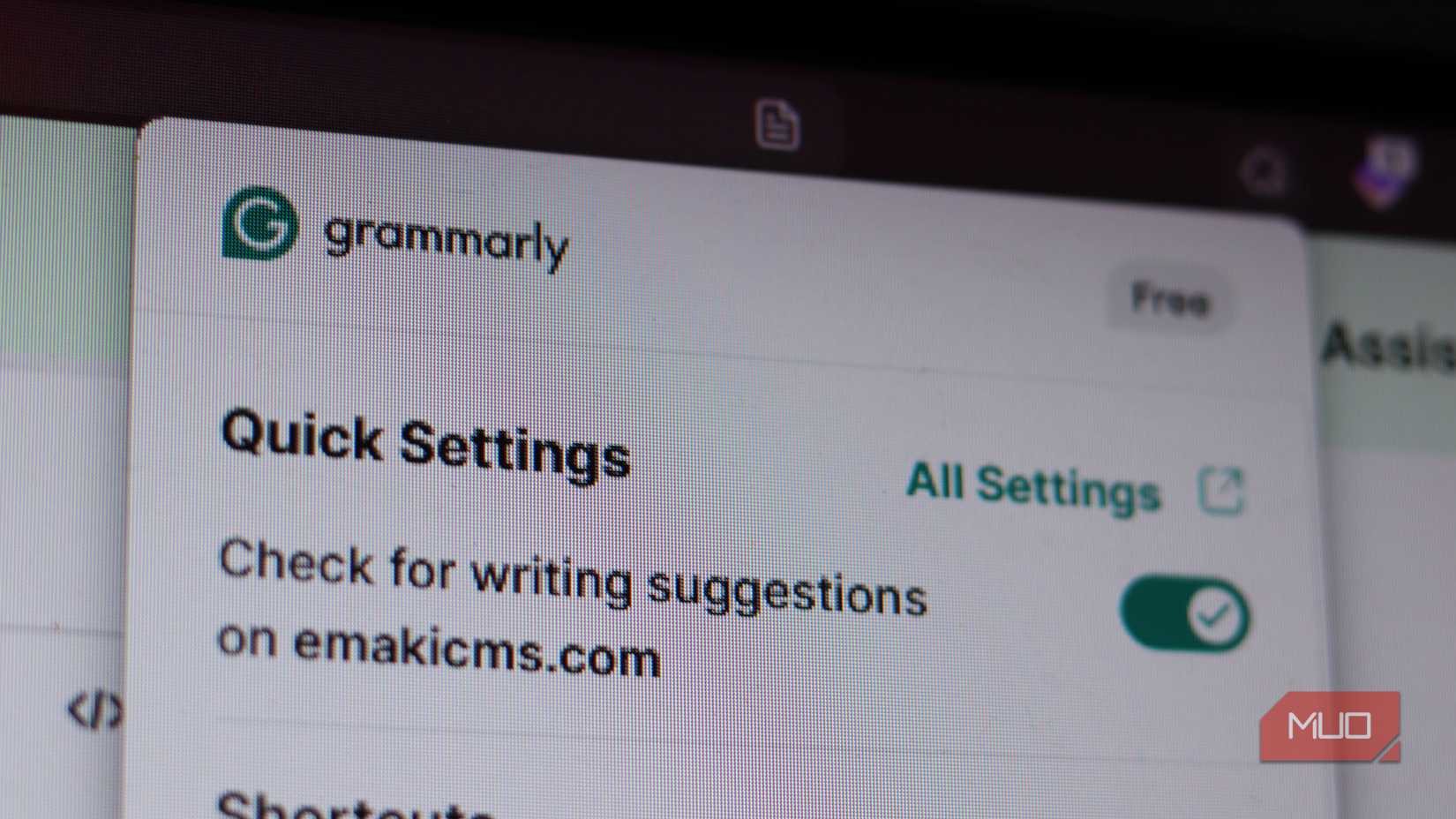 Grammarly quick settings panel