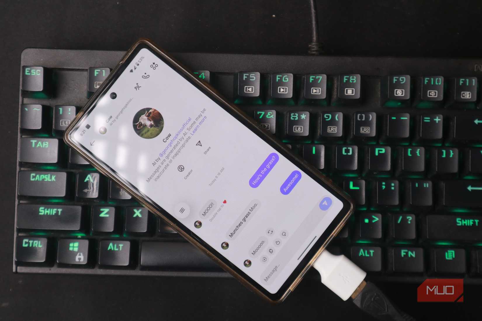 Smartphone connected to keyboard using USB-C