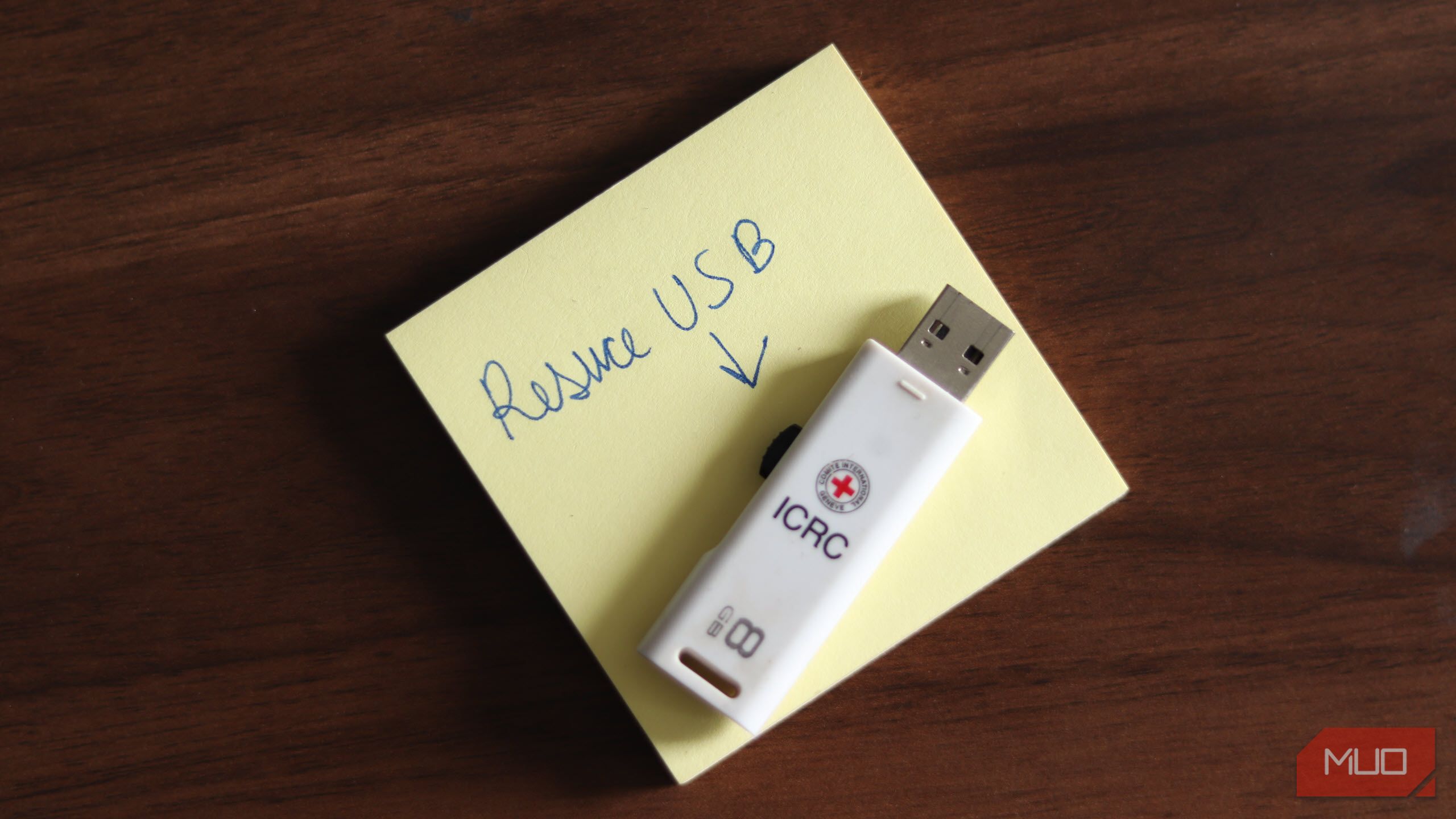 A rescue USB drive on a table.