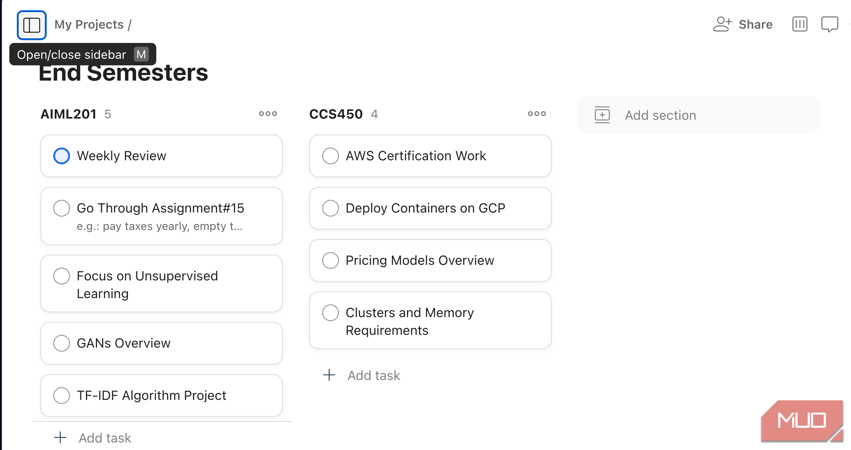 Todoist projects page open with 2 different projects visible