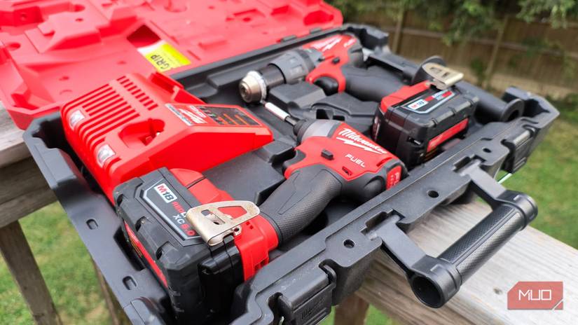A drill and driver set in its case