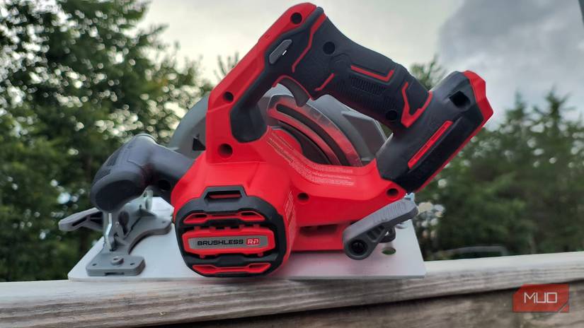 The handle side of a cordless circular saw