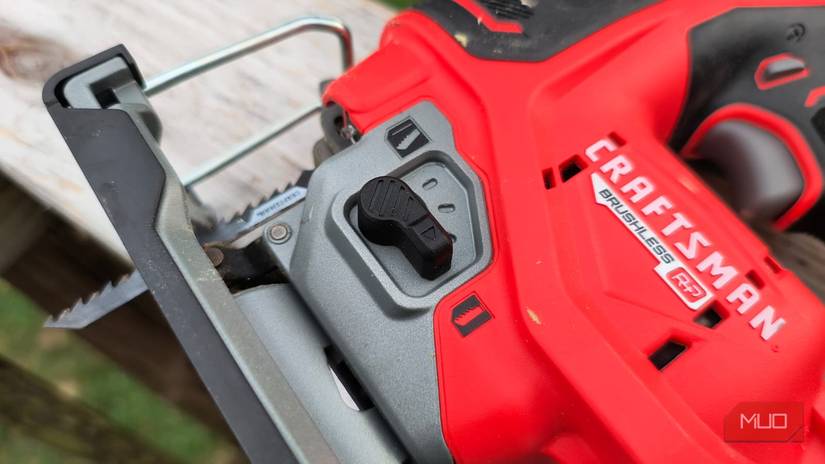 A zoomed in photo of a cordless jigsaw
