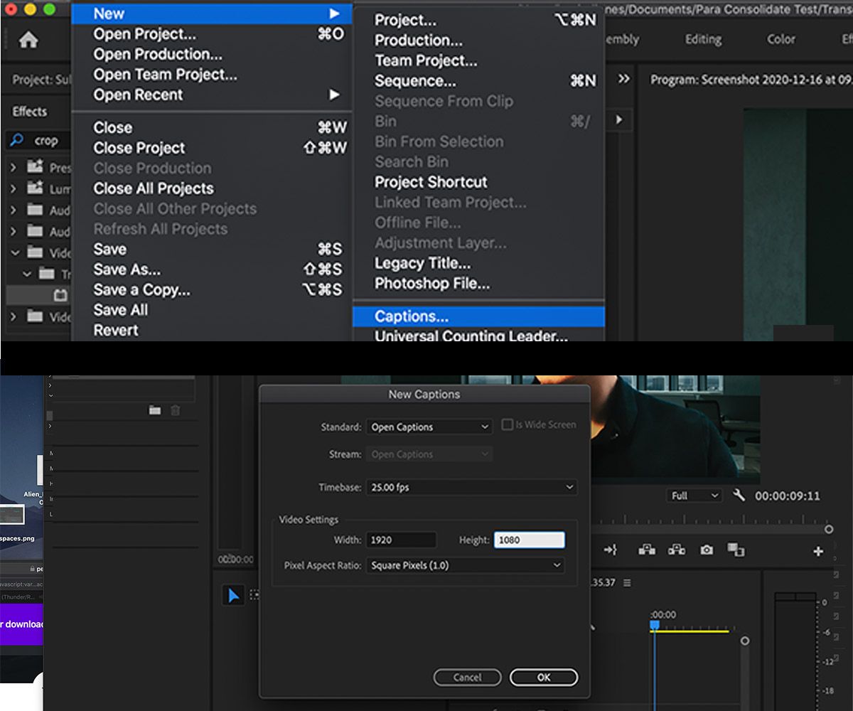 Captions Menu Open - Come creare sottotitoli dinamici in Premiere Pro con lo strumento Sottotitoli