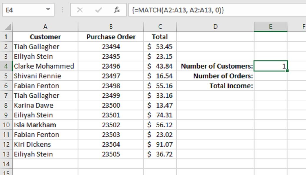 MATCH array function in - Come contare i valori univoci in Excel