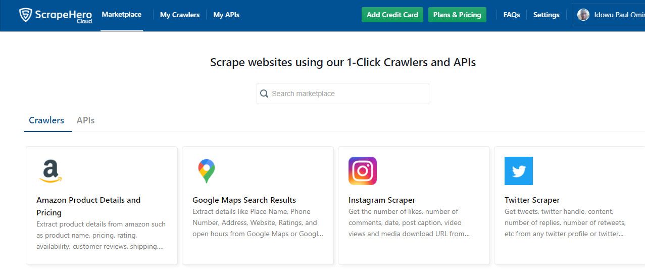 ScrapeHeros market place interface - I migliori strumenti di web scraping online