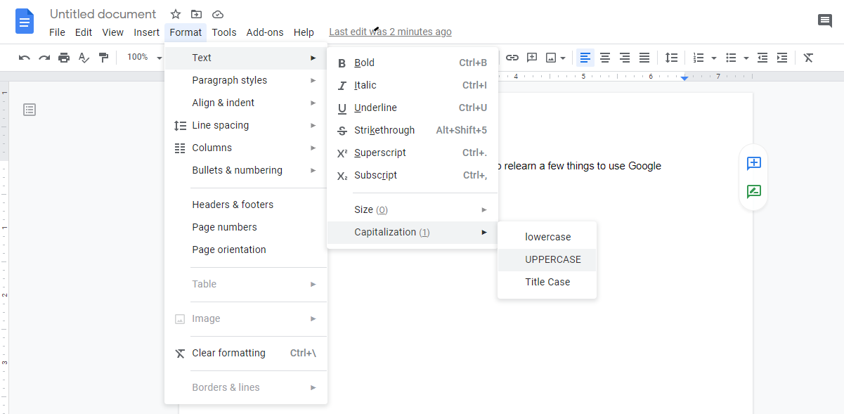 Screenshot Google Docs Change Case - 7 attività che devi imparare di nuovo quando passi da Word a Google Docs