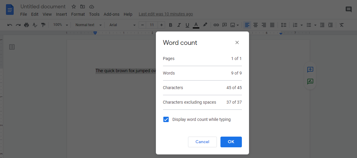 Screenshot of Word Count Box in Docs - 7 attività che devi imparare di nuovo quando passi da Word a Google Docs