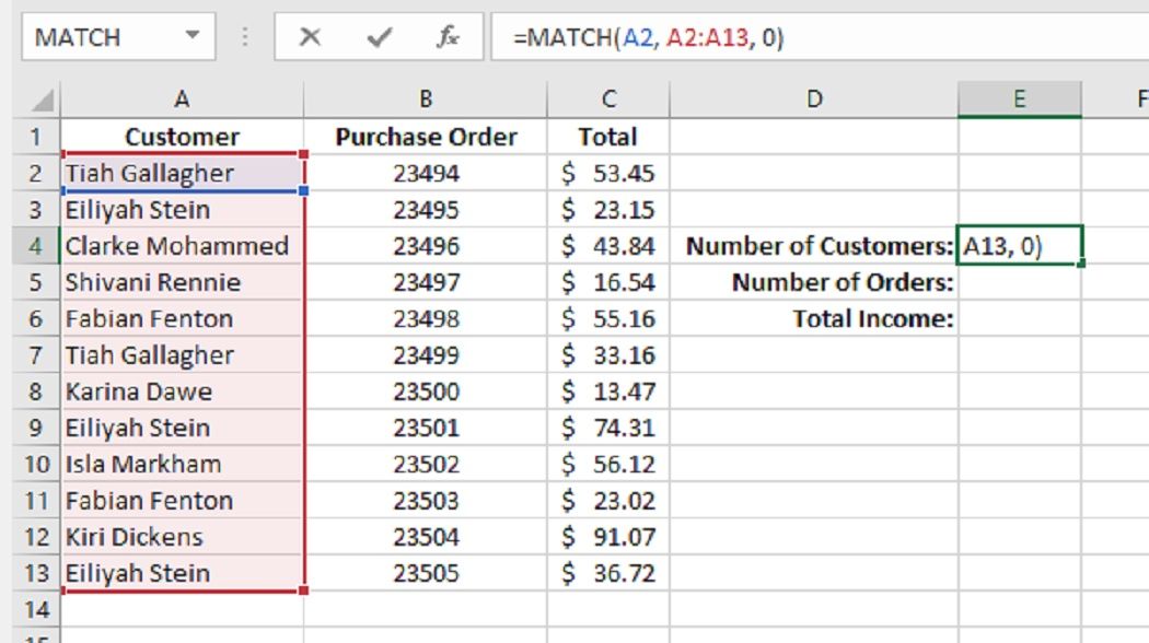 match function in - Come contare i valori univoci in Excel