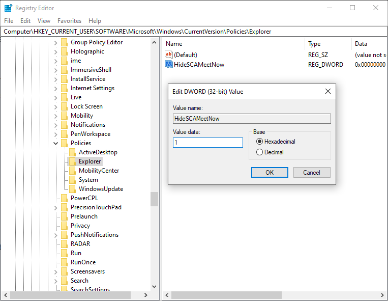 windows registry editor add hide meet now - Cos’è Windows 10 Meet Now e come rimuoverlo