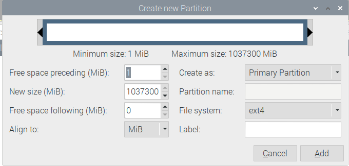 new partition - Esegui il tuo nodo completo Bitcoin con solo un Raspberry Pi!
