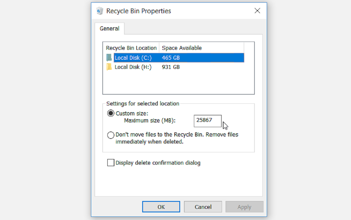 Configuring custom size for Recycle Bin - 5 modi per riparare il cestino di Windows quando non mostra i file eliminati