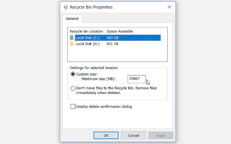 تنظیمات Recycle bin در ویندوز