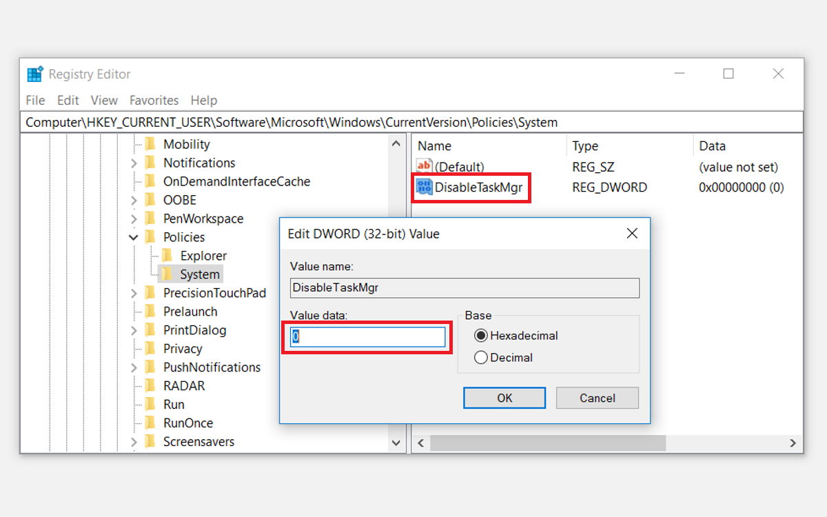 Enable the Task Manager in Registry Editor - Come risolvere il problema relativo alla disabilitazione del Task Manager da parte dell’amministratore Errore in Windows 10