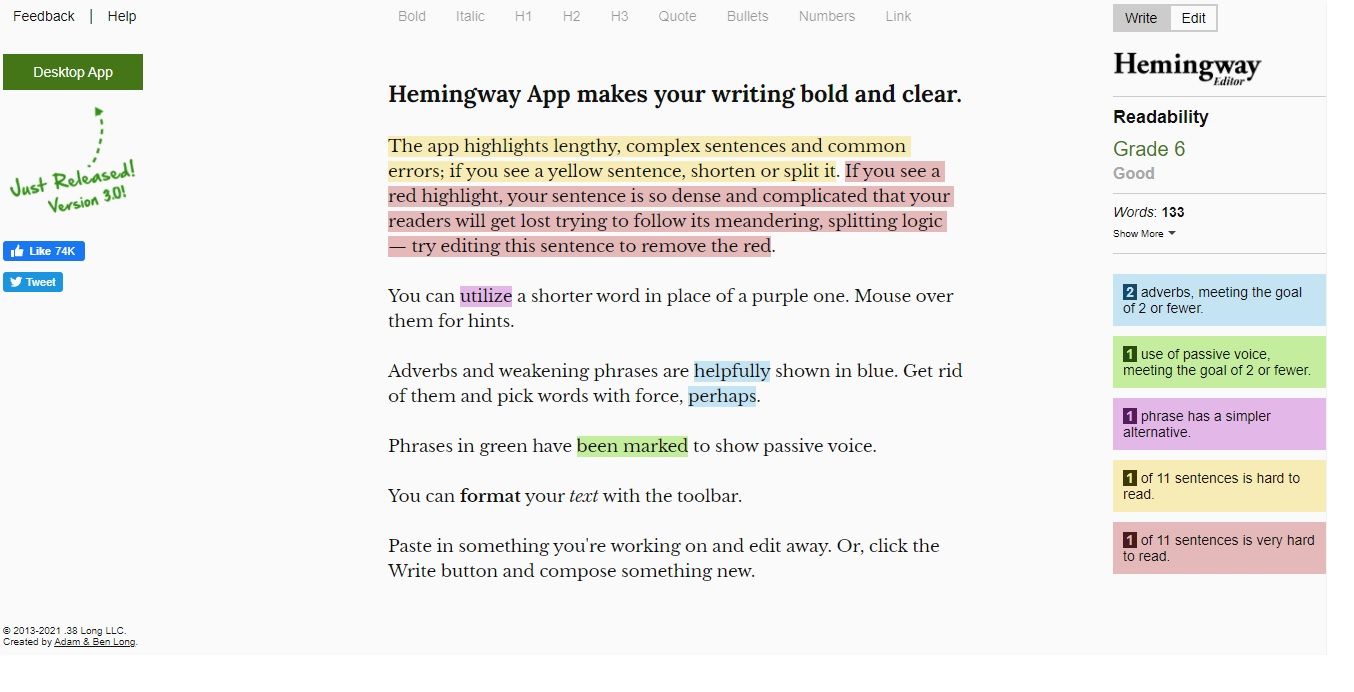 Hemingway editor screenshot - 5 alternative gratuite alla grammatica per studenti