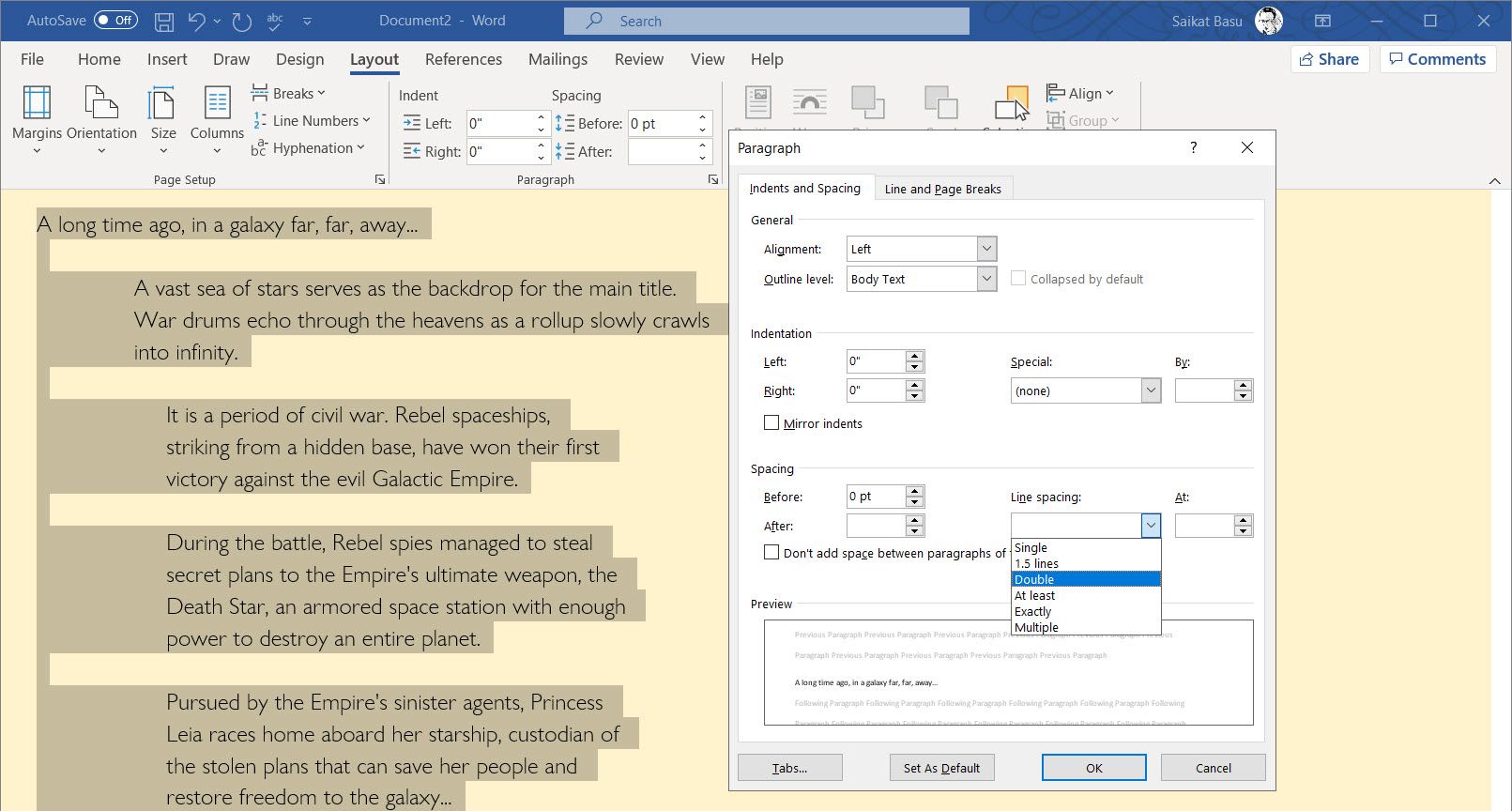 Microsoft Word Line Spacing Layout Tab - Come raddoppiare lo spazio in un documento di Word