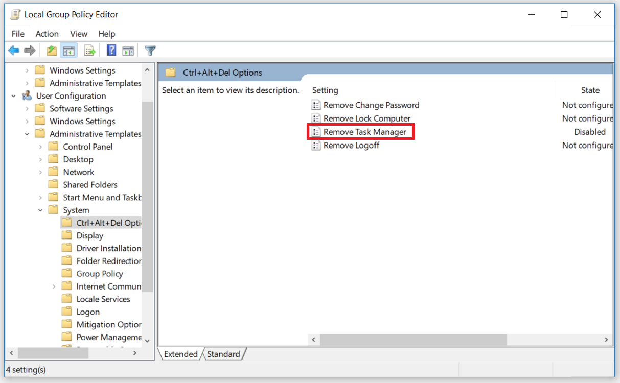 Navigating to the Remove Task Manager option in Group Policy Editor - Come risolvere il problema relativo alla disabilitazione del Task Manager da parte dell’amministratore Errore in Windows 10