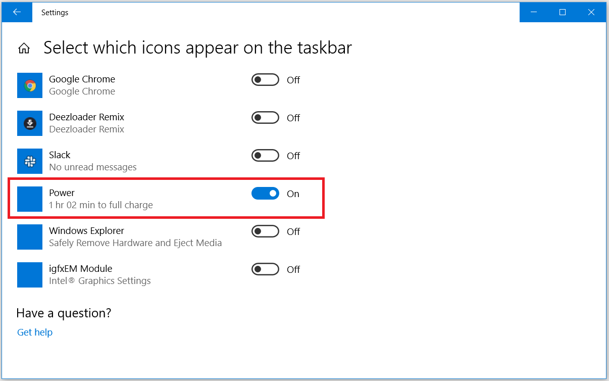 Selecting Power On in Taskbar Settings - 7 modi per ripristinare un’icona della batteria mancante sulla barra delle applicazioni di Windows 10