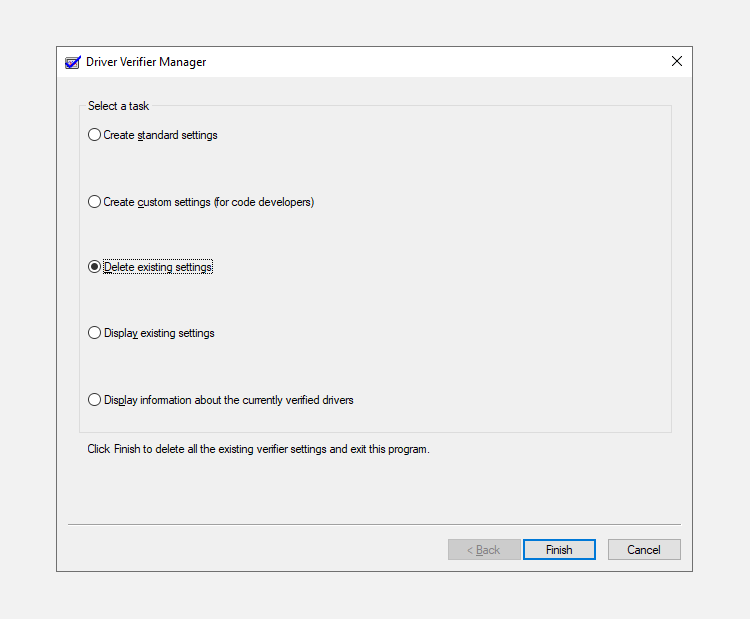 driver verifier manager delete settings - Come utilizzare Driver Verifier per correggere gli errori comuni dello schermo blu in Windows 10