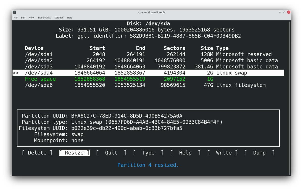 resized partition cfdisk - Come creare, ridimensionare ed eliminare partizioni Linux con Cfdisk