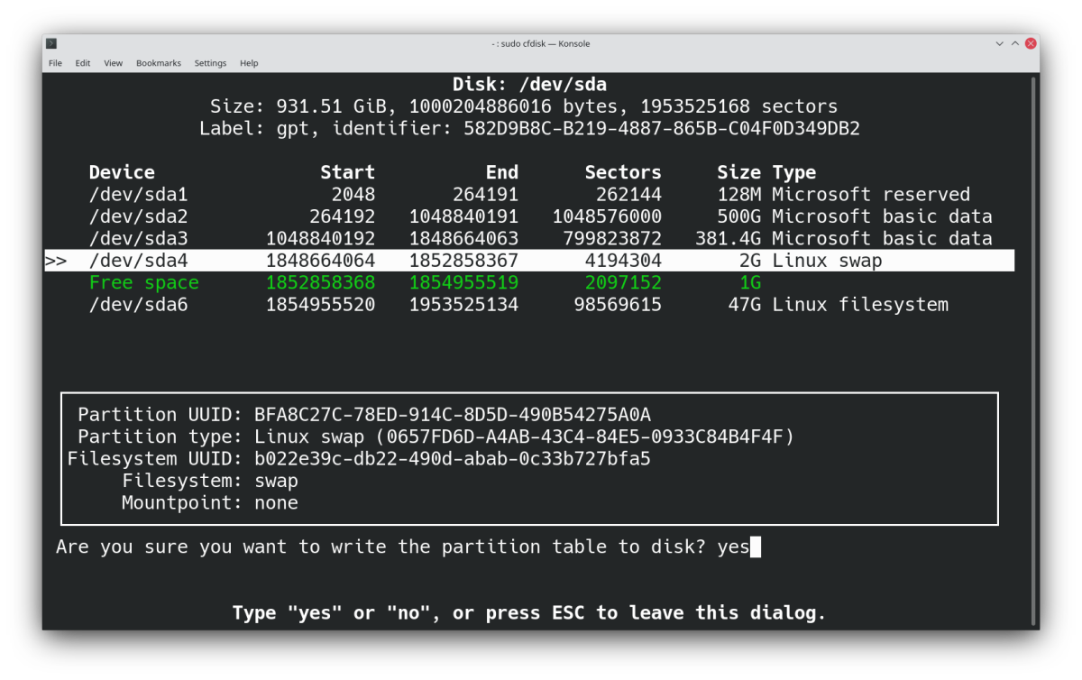 write partition to disk - Come creare, ridimensionare ed eliminare partizioni Linux con Cfdisk