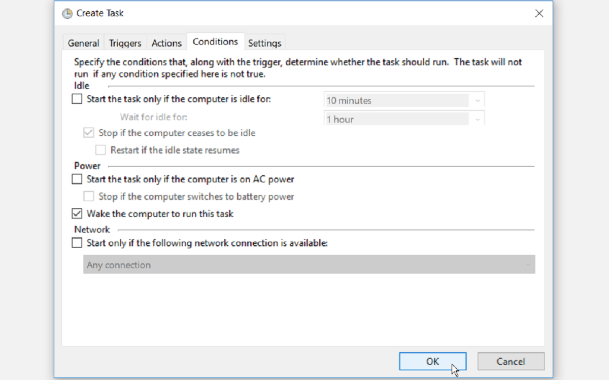 Configuring the Conditions Settings - Come pianificare il risveglio automatico del tuo PC Windows 10 ogni giorno