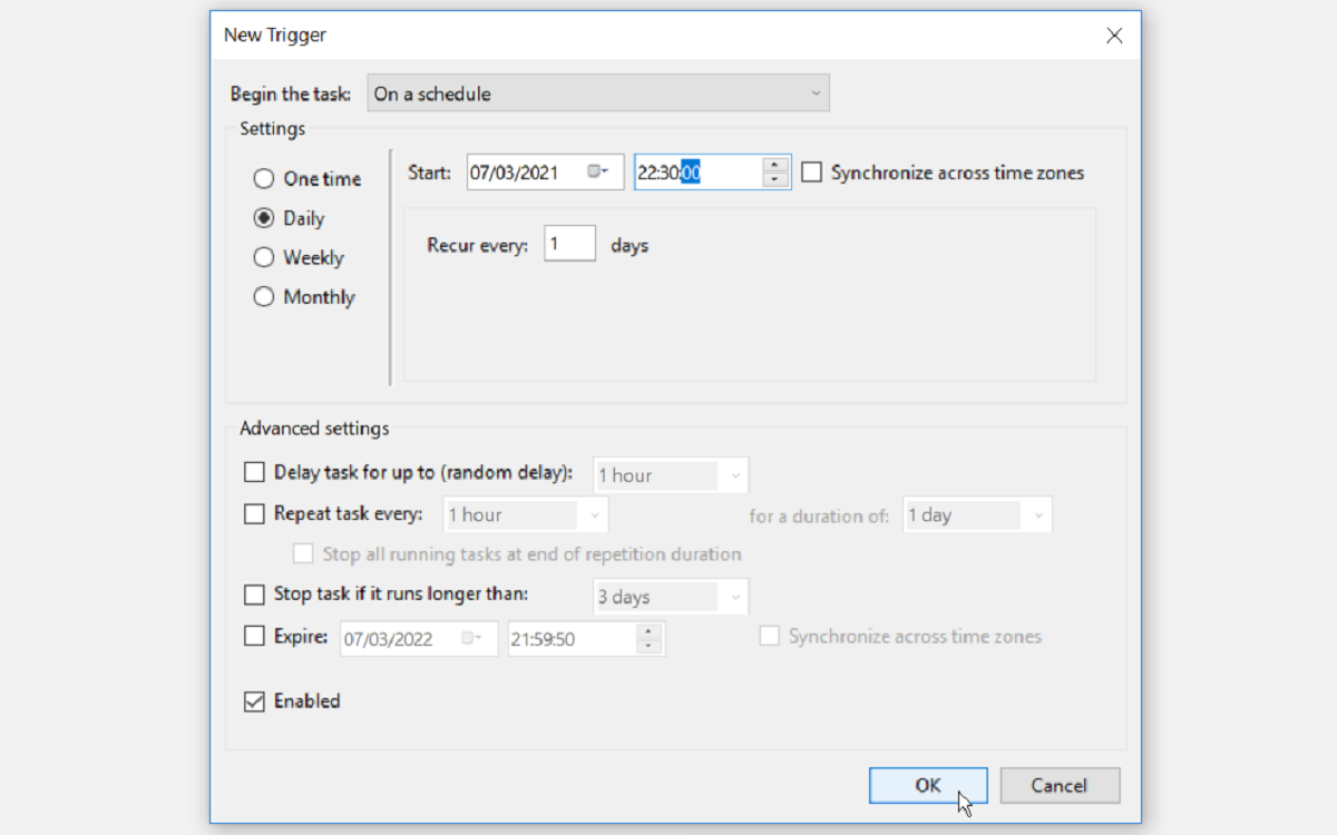 Configuring the Triggers Settings - Come pianificare il risveglio automatico del tuo PC Windows 10 ogni giorno