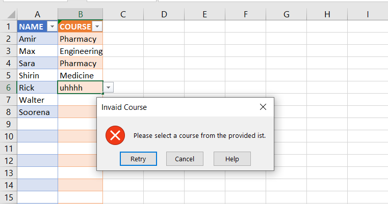 error alert result - Come utilizzare la convalida dei dati in Excel